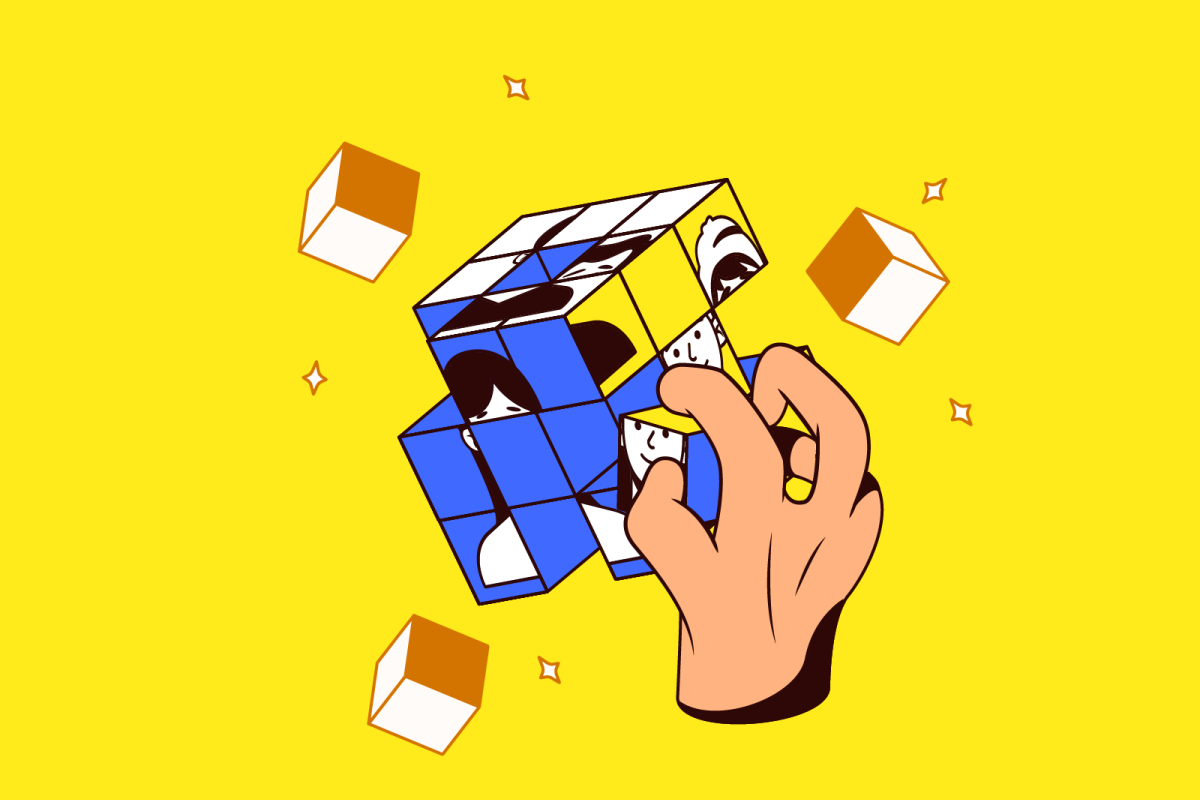 Illustration on a yellow background: A perfect user personas for the best websites is formed from a Rubik's cube.