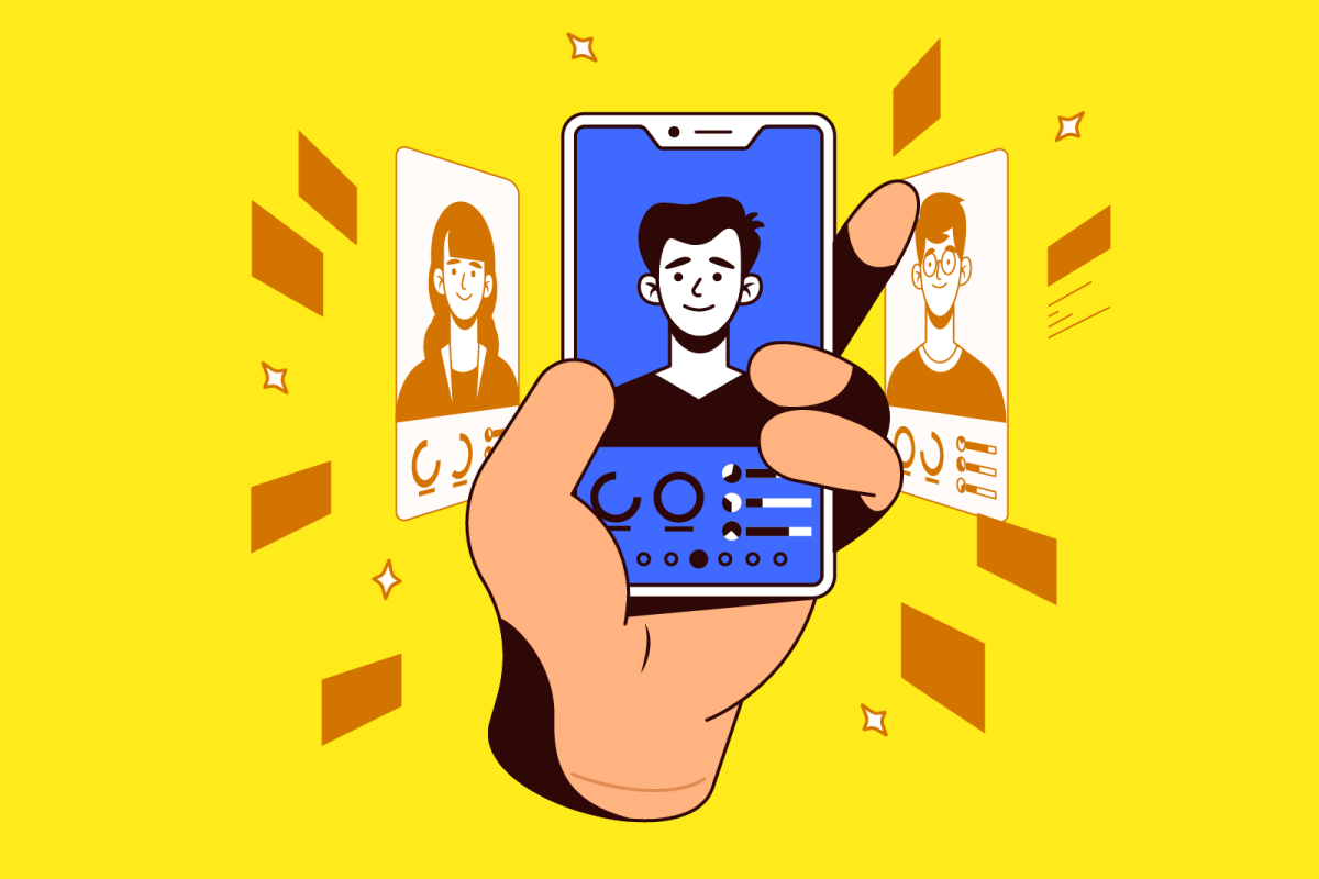 A visual illustration on a yellow background: A hand holds a phone in which different cards of user personas for the best websites are swiped.