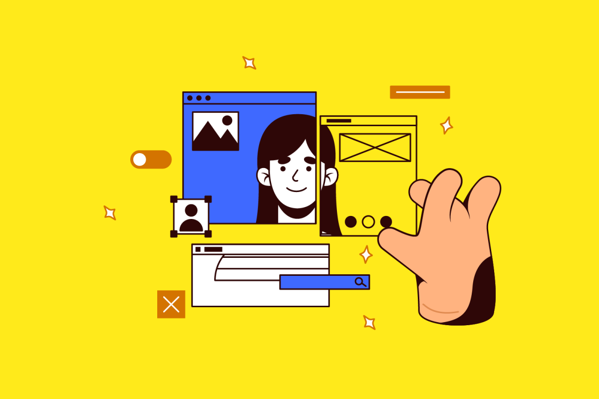 A visual illustration on a yellow background of how user personas for the best websites help set up a website for an audience. The perfect character is created from different blocks.