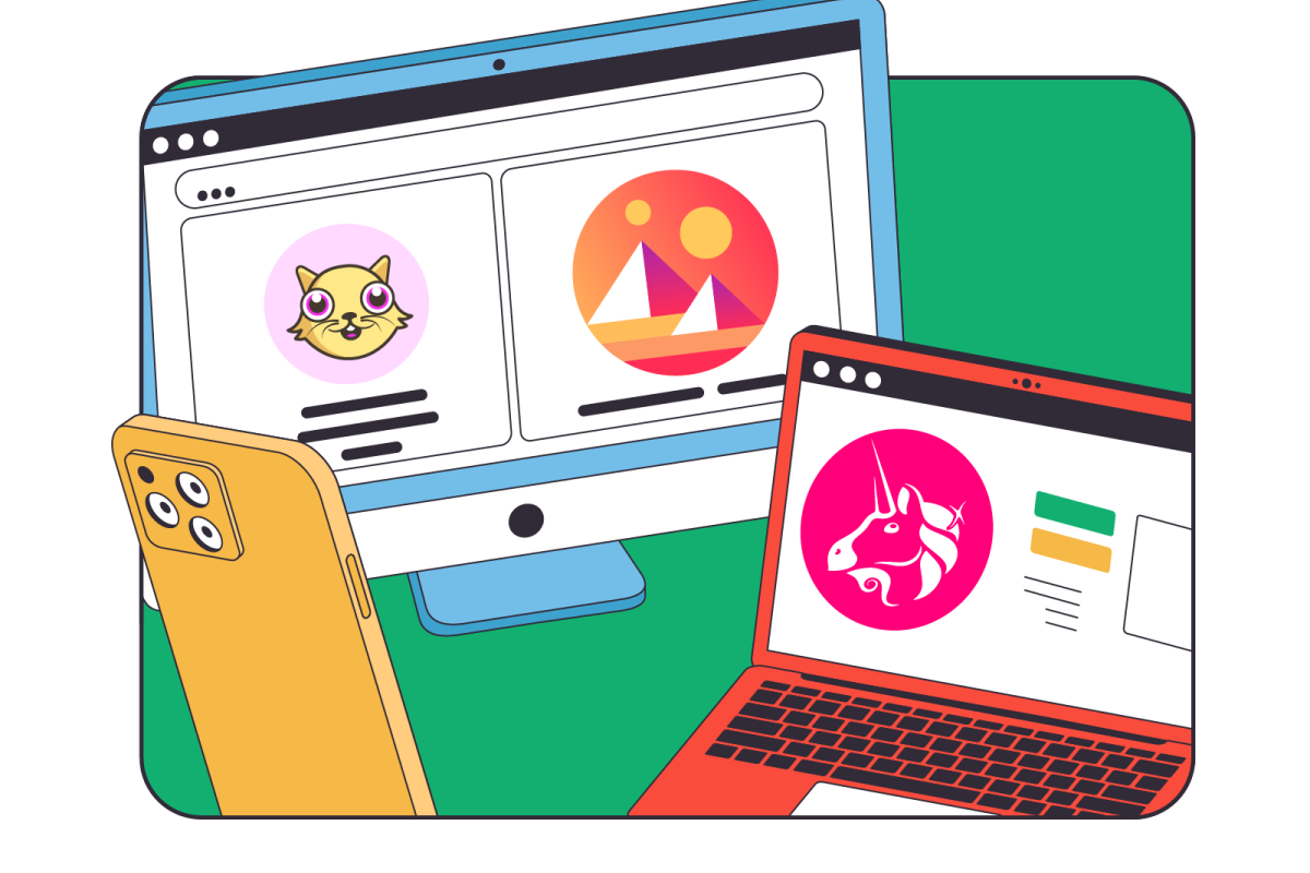 Visual illustration in the cartoon style of Case Studies Successful  Implementation Web3 Design Agency: CryptoKitties, Decentraland, Uniswap.